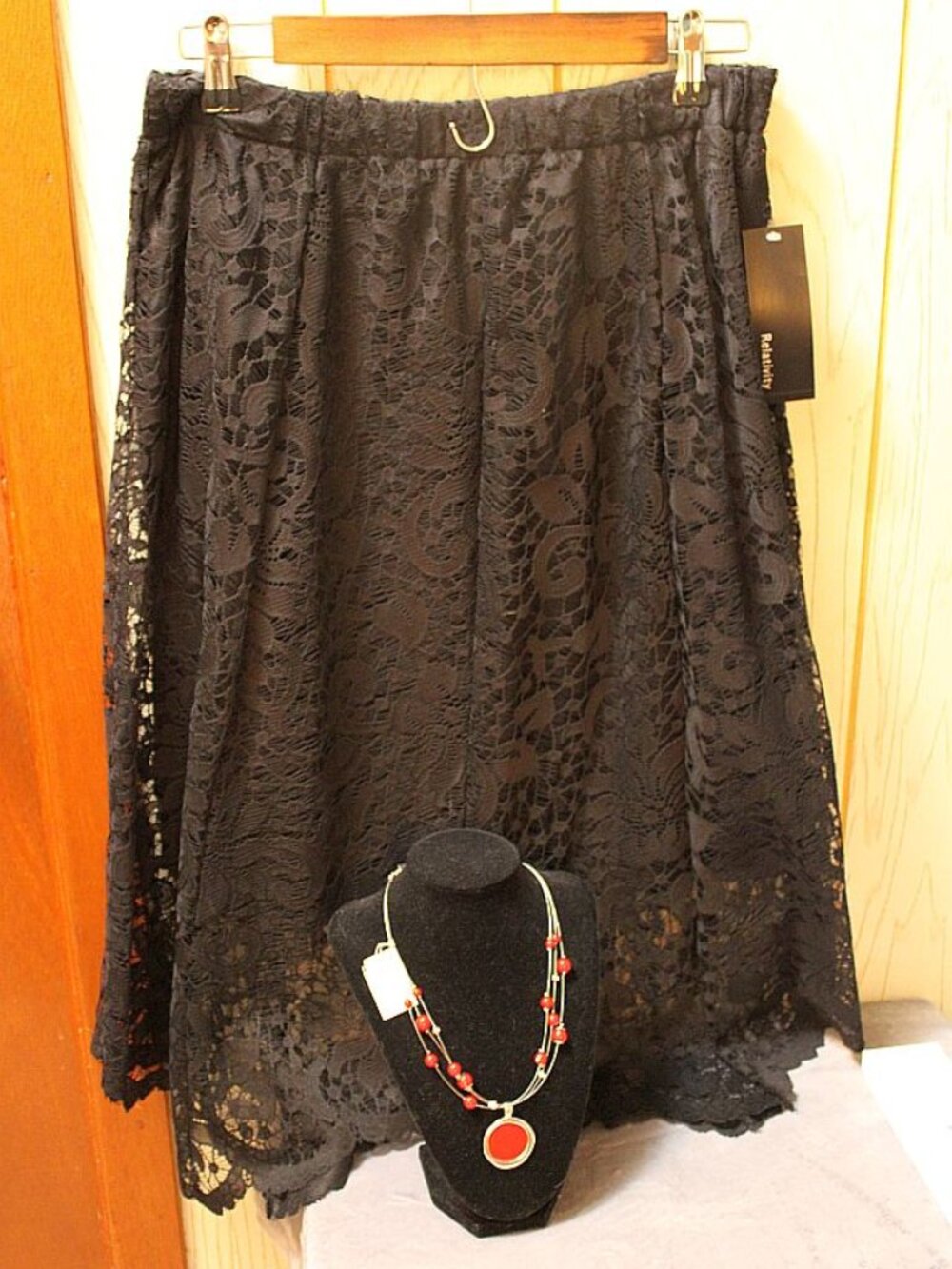 Relativity Women's Black Lace Dress & Macy's Red & Silver Beaded Necklace - NWT